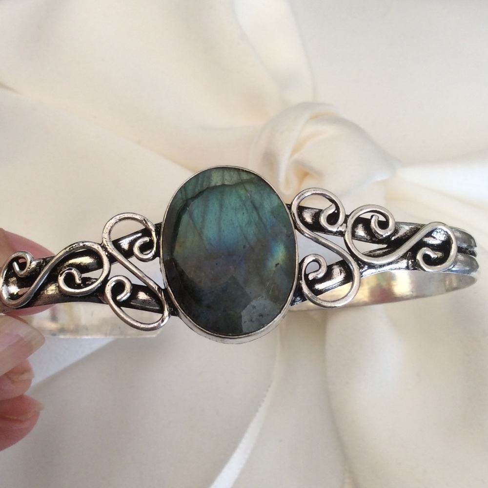 Sterling Silver Genuine Labradorite Cuff Bracelet